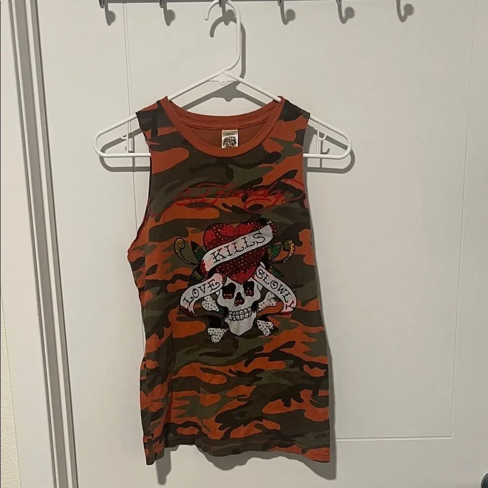 Ed Hardy Vintage Orange Green Camo Love Kills Slowly Skull Man Made Tank Top